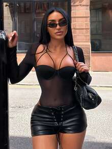 SHEIN SXY Sexy Black Sheer Mesh Long Sleeve Bodysuit - Black - View 6
