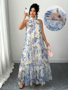 Elenzga Plus Size Women Elegant Woven Sleeveless Double-Layer Floral Mesh Dress - Blue - View 7