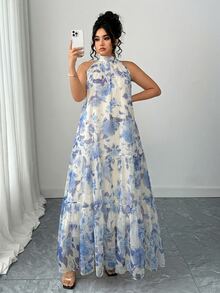 Elenzga Plus Size Women Elegant Woven Sleeveless Double-Layer Floral Mesh Dress - Blue - View 3