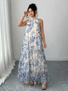 Elenzga Plus Size Women Elegant Woven Sleeveless Double-Layer Floral Mesh Dress - Blue - View 4