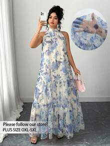 Elenzga Plus Size Women Elegant Woven Sleeveless Double-Layer Floral Mesh Dress - Blue - View 1