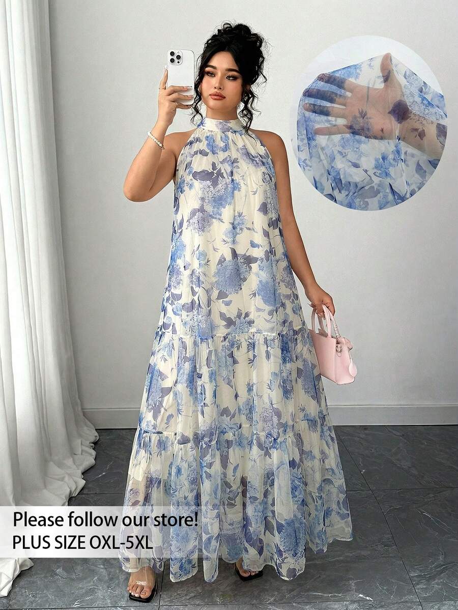 Elenzga Plus Size Women Elegant Woven Sleeveless Double-Layer Floral Mesh Dress - Blue - View 1