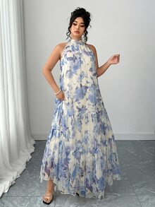 Elenzga Plus Size Women Elegant Woven Sleeveless Double-Layer Floral Mesh Dress - Blue - View 5
