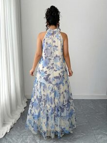 Elenzga Plus Size Women Elegant Woven Sleeveless Double-Layer Floral Mesh Dress - Blue - View 2