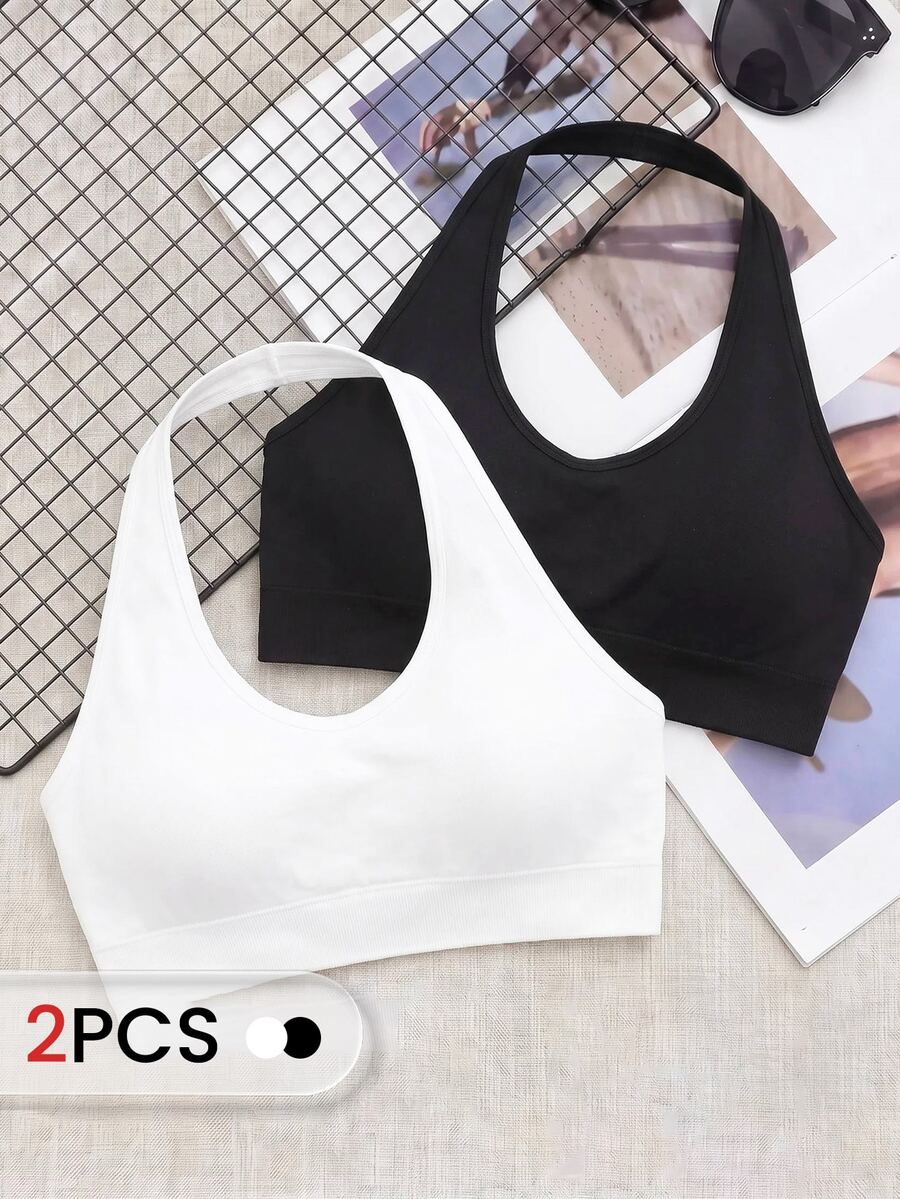 SHEIN Cheerettes 女款大尺碼運動內衣 2 件組 無縫黑色白色 柔軟彈性針織 掛脖式 可拆卸胸墊 適用瑜伽健身房