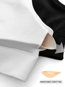 SHEIN Cheerettes 女款大尺碼運動內衣 2 件組 無縫黑色白色 柔軟彈性針織 掛脖式 可拆卸胸墊 適用瑜伽健身房 - 彩色 - 查看 6