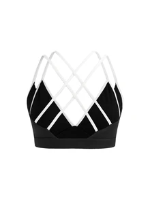 SHEIN Cheerettes 女款拼色交叉背日系健身運動內衣 黑色運動內衣 可拆式內墊 白色對比細肩帶雙層健身房適用 - 黑色 - 查看 8