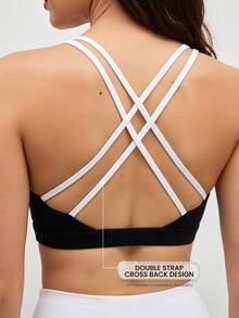 SHEIN Cheerettes 女款拼色交叉背日系健身運動內衣 黑色運動內衣 可拆式內墊 白色對比細肩帶雙層健身房適用 - 黑色 - 查看 4