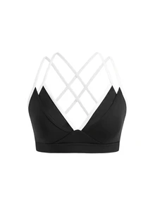 SHEIN Cheerettes 女款拼色交叉背日系健身運動內衣 黑色運動內衣 可拆式內墊 白色對比細肩帶雙層健身房適用 - 黑色 - 查看 6
