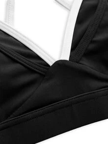 SHEIN Cheerettes 女款拼色交叉背日系健身運動內衣 黑色運動內衣 可拆式內墊 白色對比細肩帶雙層健身房適用 - 黑色 - 查看 11