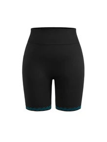 SHEIN Cheerettes 女款大尺碼黑色無縫高腰休閒百搭日常旅行運動短褲,高腰柔軟彈性針織收腹提臀深蹲運動短褲 - 黑色 - 查看 4