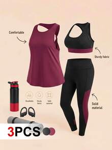 SHEIN Cheerettes مجموعة رياضية نسائية مقاس كبير 3 قطع باللون الأسود والأحمر، توب بدون أكمام بياقة دائرية وحمالة صدر بظهر رياضي بألوان متباينة وسروال ضيق، ناعمة ومرنة بخصر عالي وتحكم في البطن مع بطانة قابلة للإزالة - متعدد الألوان - مشاهدة 3