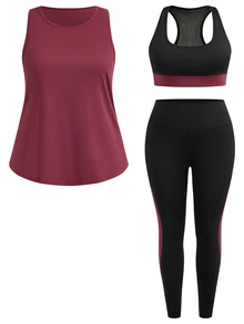 SHEIN Cheerettes مجموعة رياضية نسائية مقاس كبير 3 قطع باللون الأسود والأحمر، توب بدون أكمام بياقة دائرية وحمالة صدر بظهر رياضي بألوان متباينة وسروال ضيق، ناعمة ومرنة بخصر عالي وتحكم في البطن مع بطانة قابلة للإزالة - متعدد الألوان - مشاهدة 19