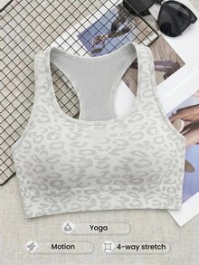 SHEIN Cheerettes 女款時尚豹紋運動內衣 瑜伽健身白色運動內衣 無縫柔軟彈性針織 可拆式胸墊 賽車背式 適合瑜伽健身房穿著 - 白色 - 查看 5