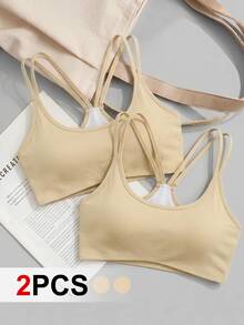 SHEIN Cheerettes 女款米色休閒保守日常運動內衣 2件組 柔軟彈性面料 可拆式胸墊 多條背帶式 適合瑜珈健身房 秋季 - 杏色 - 查看 3