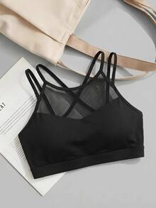 SHEIN Cheerettes 女款網格拼接運動內衣 黑色細肩帶 可拆式胸墊 支撐提拉 透氣 適合健身房瑜伽運動 秋季 運動風 性感端莊 運動休閒 - 黑色 - 查看 11