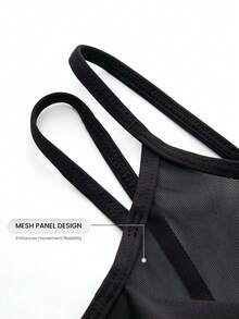 SHEIN Cheerettes 女款網格拼接運動內衣 黑色細肩帶 可拆式胸墊 支撐提拉 透氣 適合健身房瑜伽運動 秋季 運動風 性感端莊 運動休閒 - 黑色 - 查看 10