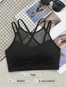 SHEIN Cheerettes 女款網格拼接運動內衣 黑色細肩帶 可拆式胸墊 支撐提拉 透氣 適合健身房瑜伽運動 秋季 運動風 性感端莊 運動休閒 - 黑色 - 查看 3