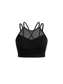 SHEIN Cheerettes 女款網格拼接運動內衣 黑色細肩帶 可拆式胸墊 支撐提拉 透氣 適合健身房瑜伽運動 秋季 運動風 性感端莊 運動休閒 - 黑色 - 查看 5