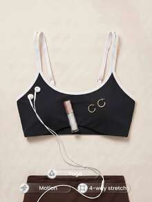 SHEIN Cheerettes 女款拼色細肩帶運動內衣 無鋼圈健身運動內衣 運動風保守款 全季適用 黑白配色 秋季 - 黑與白 - 查看 3
