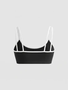 SHEIN Cheerettes 女款拼色細肩帶運動內衣 無鋼圈健身運動內衣 運動風保守款 全季適用 黑白配色 秋季 - 黑與白 - 查看 5