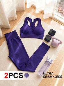 SHEIN Cheerettes Women's Solid Color Sports Bra And Leggings Set Purple Sports Set Seamless Mesh Bra With Removable Pads Tummy Control Scrunch Leggings For Gym Yoga - Purple - View 2