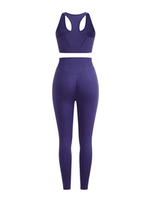 SHEIN Cheerettes Women's Solid Color Sports Bra And Leggings Set Purple Sports Set Seamless Mesh Bra With Removable Pads Tummy Control Scrunch Leggings For Gym Yoga - Purple - View 5