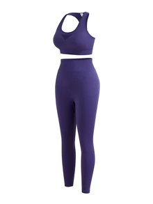 SHEIN Cheerettes Women's Solid Color Sports Bra And Leggings Set Purple Sports Set Seamless Mesh Bra With Removable Pads Tummy Control Scrunch Leggings For Gym Yoga - Purple - View 16