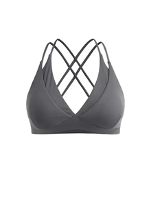 SHEIN Cheerettes حمالة صدر رياضية نسائية مقاس كبير بلون موحد بتصميم متقاطع من الخلف - رمادي غامق - مشاهدة 4