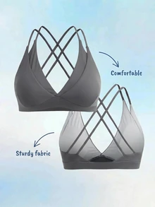 SHEIN Cheerettes حمالة صدر رياضية نسائية مقاس كبير بلون موحد بتصميم متقاطع من الخلف - رمادي غامق - مشاهدة 3