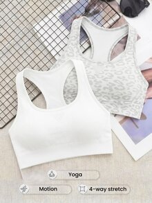 SHEIN Cheerettes Women's Seamless 2 Packs Racerback Sports Bra White Mesh With Removable Pads Solid And Leopard Print For Gym Yoga - White - View 20