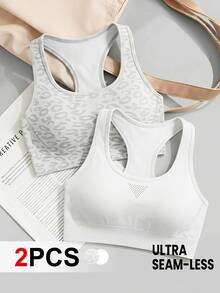 SHEIN Cheerettes Women's Seamless 2 Packs Racerback Sports Bra White Mesh With Removable Pads Solid And Leopard Print For Gym Yoga - White - View 15