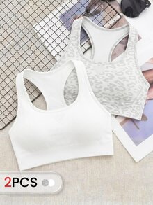 SHEIN Cheerettes Women's Seamless 2 Packs Racerback Sports Bra White Mesh With Removable Pads Solid And Leopard Print For Gym Yoga - White - View 2