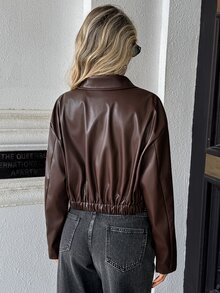 SHEIN PariChic Jaket Kulit Pendek Cokelat Tua Vintage untuk Wanita/Siluet Kerah Minimalis Jaket Komuter Serbaguna untuk Wanita Bertubuh Mungil yang Menambah Tinggi Badan - Coklat - View 2