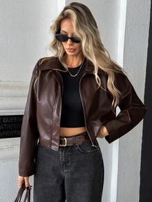 SHEIN PariChic Jaket Kulit Pendek Cokelat Tua Vintage untuk Wanita/Siluet Kerah Minimalis Jaket Komuter Serbaguna untuk Wanita Bertubuh Mungil yang Menambah Tinggi Badan - Coklat - View 5