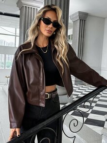 SHEIN PariChic Jaket Kulit Pendek Cokelat Tua Vintage untuk Wanita/Siluet Kerah Minimalis Jaket Komuter Serbaguna untuk Wanita Bertubuh Mungil yang Menambah Tinggi Badan - Coklat - View 6