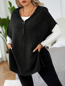 EMERY ROSE Chaleco de punto informal con cremallera, cuello alto y capucha, unicolor, talla grande, para otoño/invierno - Negro - Ver 3