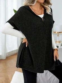 EMERY ROSE Chaleco de punto informal con cremallera, cuello alto y capucha, unicolor, talla grande, para otoño/invierno - Negro - Ver 5