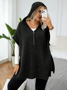 EMERY ROSE Chaleco de punto informal con cremallera, cuello alto y capucha, unicolor, talla grande, para otoño/invierno - Negro - Ver 7