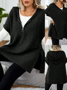 EMERY ROSE Chaleco de punto informal con cremallera, cuello alto y capucha, unicolor, talla grande, para otoño/invierno - Negro - Ver 1