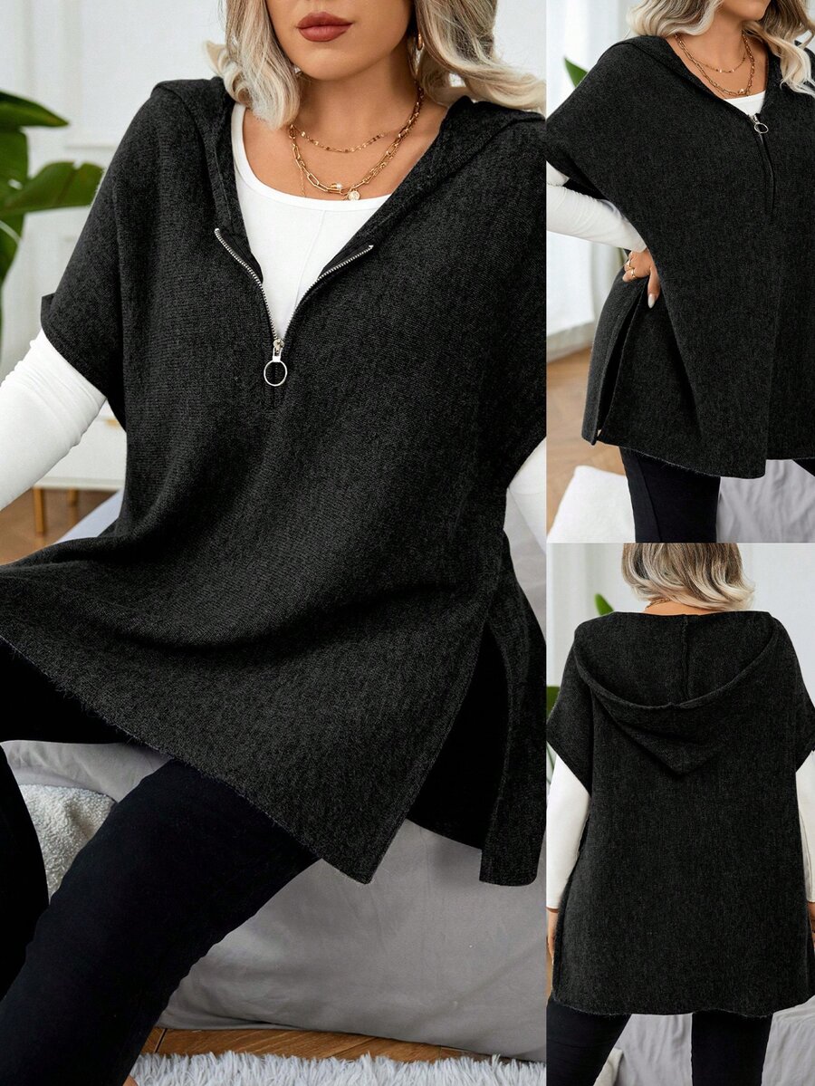 EMERY ROSE Chaleco de punto informal con cremallera, cuello alto y capucha, unicolor, talla grande, para otoño/invierno - Negro - Ver 1