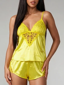 Silforma Spaghetti Strap Yellow Satin Short Pajama Set With Elegant Embroidery Lingerie Pajamas Set - Yellow - View 6