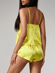 Silforma Spaghetti Strap Yellow Satin Short Pajama Set With Elegant Embroidery Lingerie Pajamas Set - Yellow - View 2
