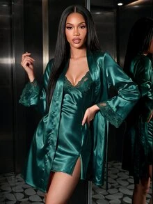 Silforma Set Piyama Cami Satin Berhiaskan Renda dan Jubah Berikat, Pakaian Musim Gugur dan Musim Dingin - Dark Green - View 5