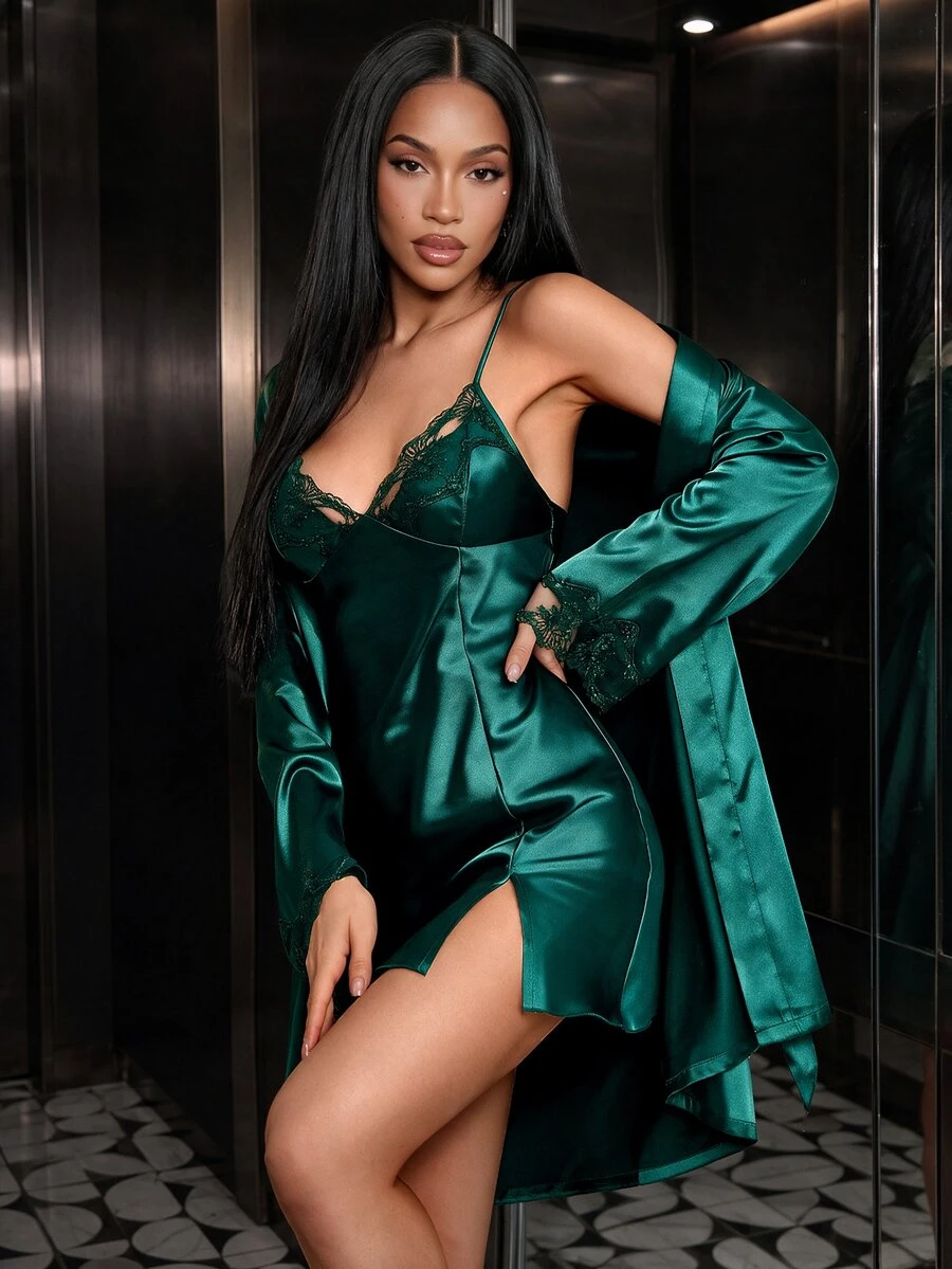 Silforma Set Piyama Cami Satin Berhiaskan Renda dan Jubah Berikat, Pakaian Musim Gugur dan Musim Dingin - Dark Green - View 1