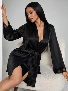 Silforma Ladies' Solid Color Sleepwear Pajama Set With Lace Patchwork, Fall Winter Clothes - Black - View 7