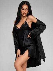 Silforma Ladies' Solid Color Sleepwear Pajama Set With Lace Patchwork, Fall Winter Clothes - Black - View 1