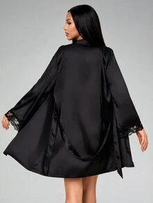 Silforma Ladies' Solid Color Sleepwear Pajama Set With Lace Patchwork, Fall Winter Clothes - Black - View 2