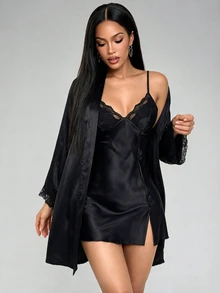 Silforma Ladies' Solid Color Sleepwear Pajama Set With Lace Patchwork, Fall Winter Clothes - Black - View 4