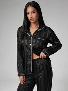 Silforma 撞色滚边缎面睡衣套装/家居服套装，秋冬舒适优雅细节 - 黑色 - 查看 6